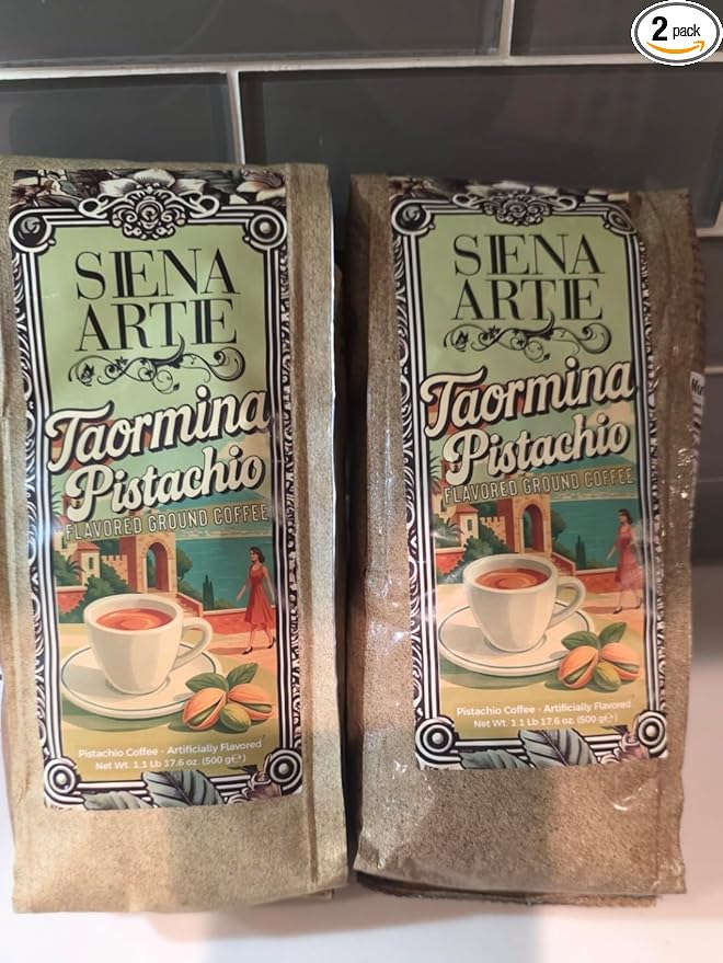 Siena Artie Taormina Pistachio Flavored Ground Coffee. 2 pack. 1.1 Lb a bag It is a flavored ground coffee with a pistachio taste.