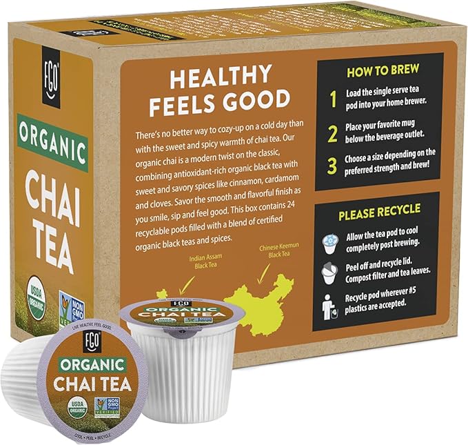 FGO Organic Chai Black Tea K-Cup Pods for Keurig 24 Count (Pack of 1) Premium Black Tea with Chai Spice is USDA Organic Non-GMO &amp Recyclable with Naturally Occurring Caffeine