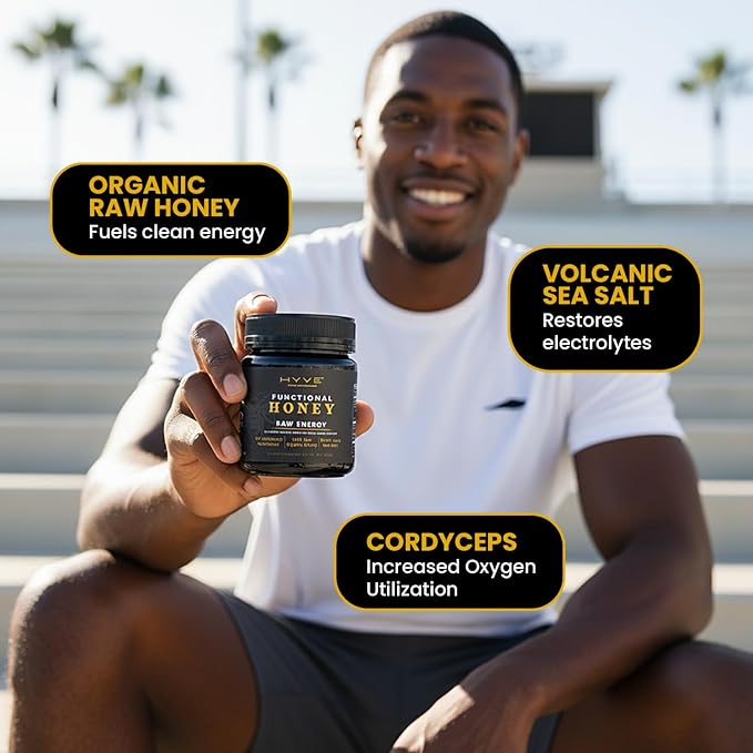 HYVE Functional Pre-workout Raw Energy Honey with Organic Cordyceps Mushrooms Black Lava Sea Salt &amp Organic Honey – Natural Energy Boost 8 Ounce Jar