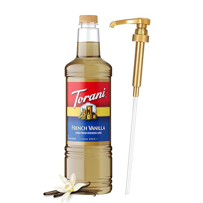 Torani French Vanilla Coffee Syrup 1 Liter Bottle with Pump Dispenser – Flavored Syrup with Pure Cane Sugar &amp Natural Ingredients – Perfect for Lattes Teas Cocktails &amp Desserts