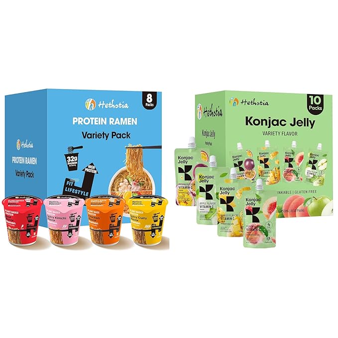 Hethstia High Protein Ramen &amp Konjac Jelly Variety Bundle – Plant-Based Protein Ramen Cups with Low-Calorie Drinkable Konjac Jelly Snacks Vegan Non-Fried Sugar-Free Healthy Meal &amp Snack Co