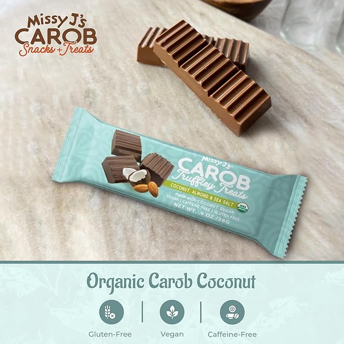 Missy J's Organic Carob Coconut Almond and Sea Salt Truffley Treats 12 Pack Vegan Gluten and Caffeine free Healthy Substitute for Chocolate Perfect for Snacks and Treats