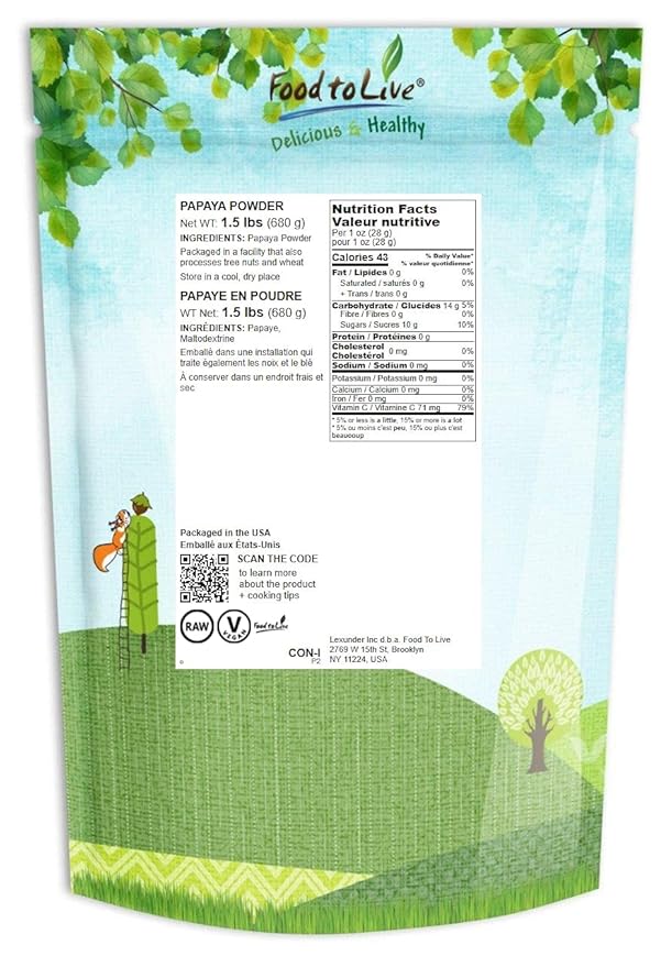 Food to Live Papaya Powder 1.5 Pounds - From Raw Dried Fruit Unsulfured Vegan Bulk Great for Baking Juices Smoothies Yogurts and Instant Breakfast Drinks No Sulphites Contains Maltodextrin