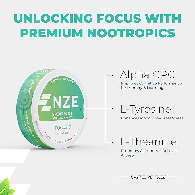 NZE Caffeine Free Nootropic Pouches (Spearmint) - Nootropic Pouches with Alpha GPC L-Tyrosine &amp L-Theanine - No Sugar or Artificial Sweeteners - 15 Nicotine Free Pouches Per Can - 5 Pack