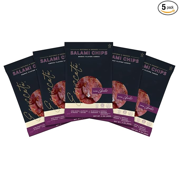 Aufschnitt Meats Kosher Salami Chips - Sliced Sausage Charcuterie Meat - Natural Friendly - 2 oz Garlic 5 Pack