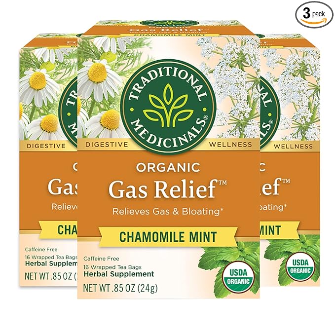 Traditional Medicinals Organic Gas Relief Chamomile Mint Herbal Tea Relieves Gas &amp Bloating (Pack of 3) - 48 Tea Bags Total