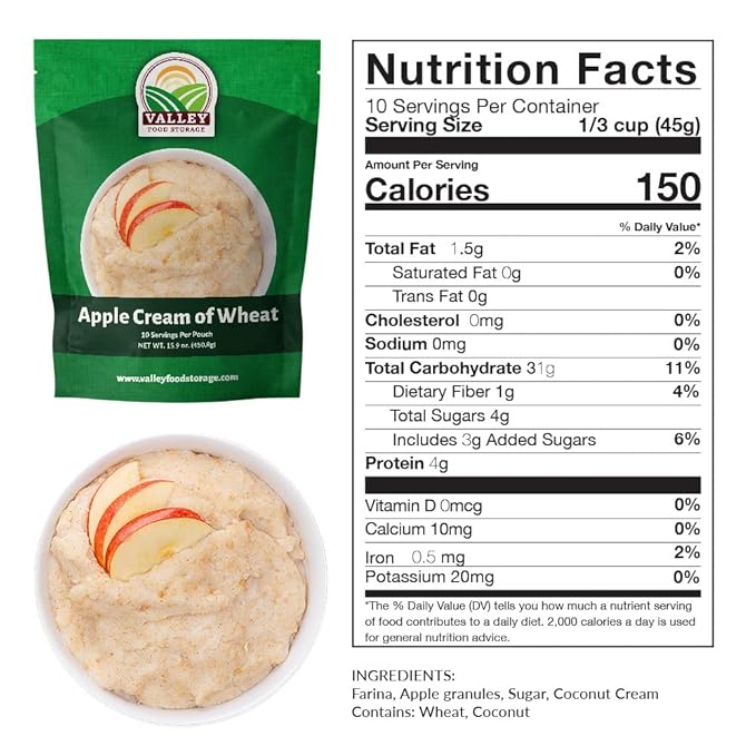 Valley Food Storage Apple Creamy Wheat | 100 Serving Emergency Breakfast Food Supply 10-Bag Bucket | 25 Year Shelf Life | Survival Meals for Long Term Food Storage Camping &amp Prepper Supplies