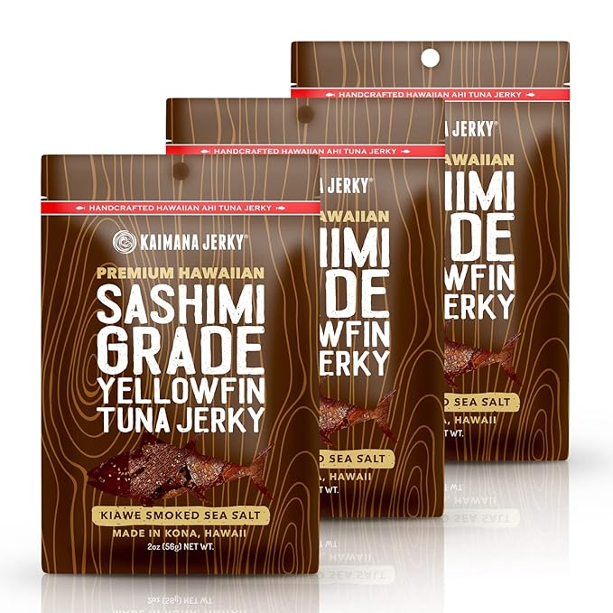 Kaimana Ahi Tuna Jerky Kiawe Smoked Sea Salt - Soft and Tasty - Premium Fish Jerky Made in the USA. High in Omega 3's All Natural and Wild Caught - 2 Ounce (Pack of 3)