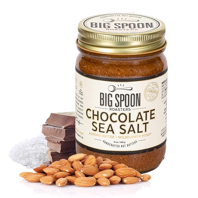 Big Spoon Roasters Dark Chocolate Almond Butter With Sea Salt &amp Raw Honey - Low Sugar Almond Butter - Crunchy &amp Bee-Friendly Almonds - Keto Gourmet Pure Almond Nut Butter - 13 Ounces
