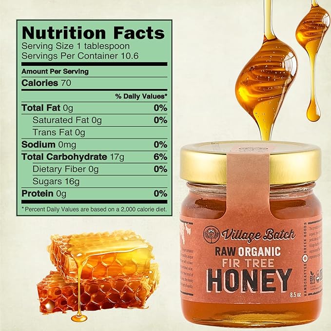 Village Batch Raw Organic Fir Tree Honey 8.5oz Jar (Pack of 1) Unfiltered and Unpasteurized Greek-Honey from Mainalo Mountain Smooth Texture with Vanilla and Conifer Notes