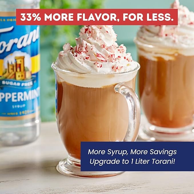 Torani Sugar Free Peppermint Syrup 1 Liter Bottle with Pump Dispenser – Zero Sugar Zero Calories Keto Friendly Gluten Free Mint Flavor for Coffee Lattes Cocktails and Holiday Drinks
