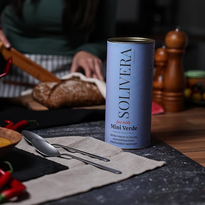 Solivera Mini Verde Extra Virgin Olive Oil Cold Pressed 300+ High Polyphenols Baby-Friendly Blend Smooth &amp Light Single-Origin Organic Olive Oil Hand Picked Early Harvest - 16.8 fl. oz. (Mini