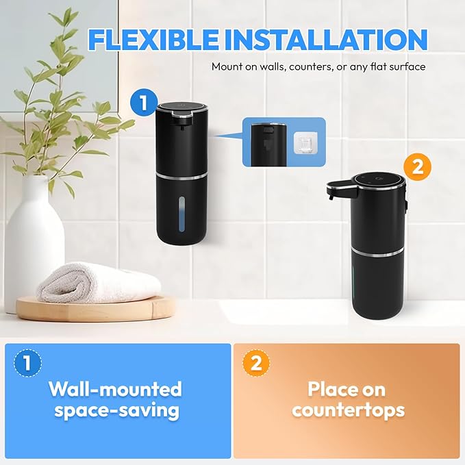 2 Pack Automatic Foaming Soap DispenserTouchless Foam Soap Dispenser12.8oz Rechargeabled Wall Mounted Smart for Bathroom and Kitchen Dish SoapEasy for Toddlers(Black)