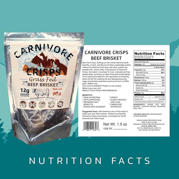 Carnivore Crisps Grass-Fed and Finished Beef Brisket Beef Crisps High Protein Keto &amp Carnivore Diet Approved Gluten-Free No Hormones 1.5 oz (Pack of 3)