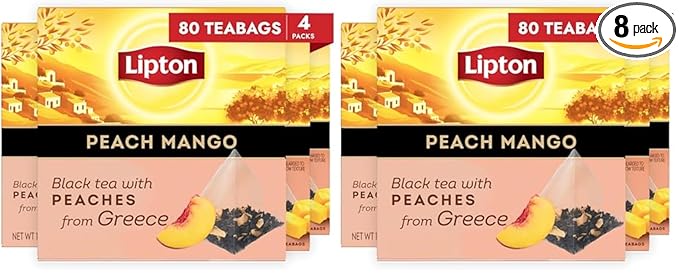 Lipton Black Tea Peach Mango Pyramid Tea Bags Flavored Teabags for a Refreshing Cup of Tea 80 Total Tea Bags (20ct - Pack of 8)