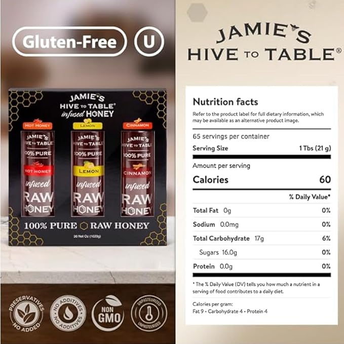 Jamie's Hive to Table Infused Honey Gift Set – Hot Lemon and Cinnamon Flavors 36 Oz Pack of 3 Squeeze Bottles – 100% Natural Raw Honey