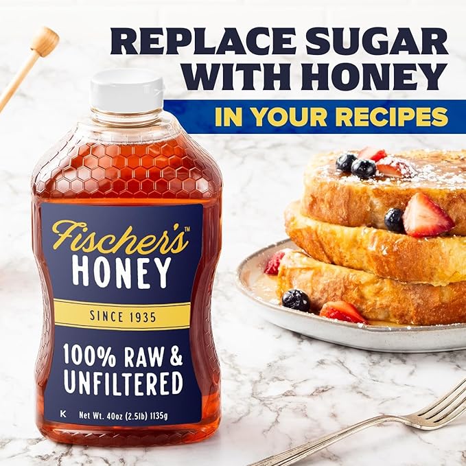 Fischer’s 100% Pure Raw &amp Unfiltered Honey – USA Made Honey – All-Natural Sweetener – Rich Flavor Profile Packed with Nutrients 40 oz (Pack of 2)