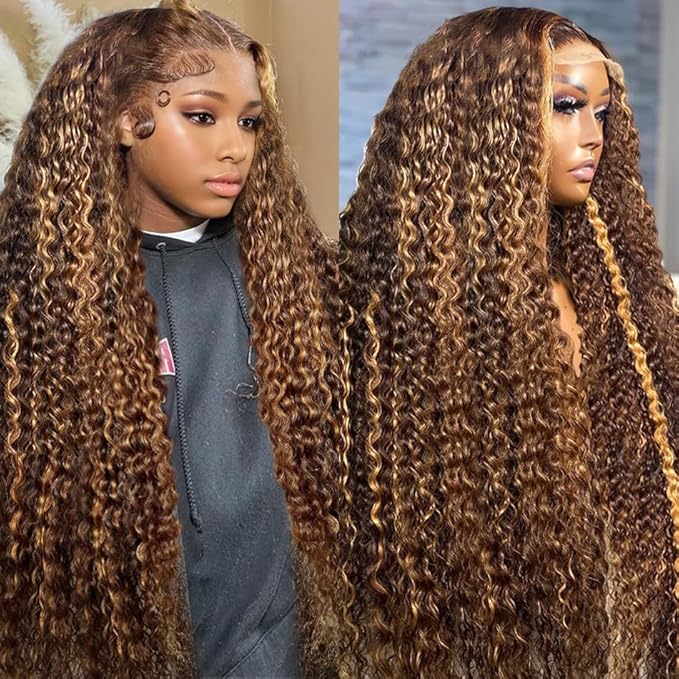 Hidden Strap 360 Water Wave 220% Density Honey Blonde Deep Curly Human Hair wig Ombre Deep Wave 4/27 Highlight Lace Front Wigs Pre Plucked Wet And Wavy Water Wave Wig for Women 18 Inch