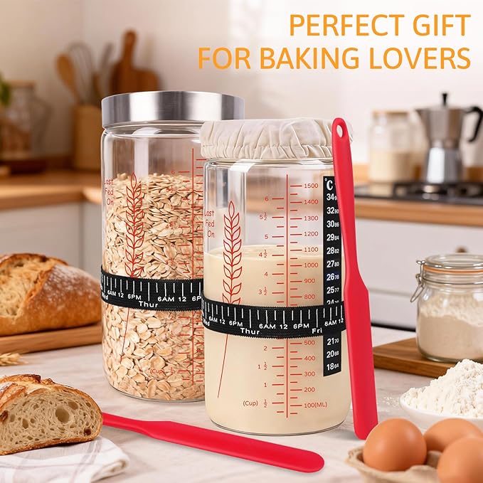 57oz Sourdough Starter Jars Extra Large Glass Jar &amp Complete Baking Kit for Perfect Sourdough Bread Sour Dough Starter Jars Includes Fermentation Cover &amp Aluminum Airtight Lid (Red Set of 2)