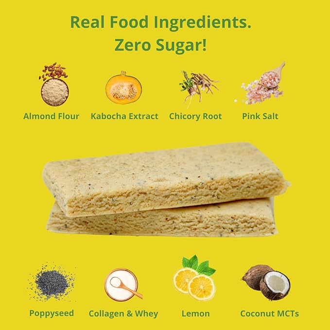 BochaSweet Keto Protein Bar Lemon Poppyseed BochaBar 17g Grass Fed Collagen Low Carb Keto-Friendly Gluten Free 12 Count
