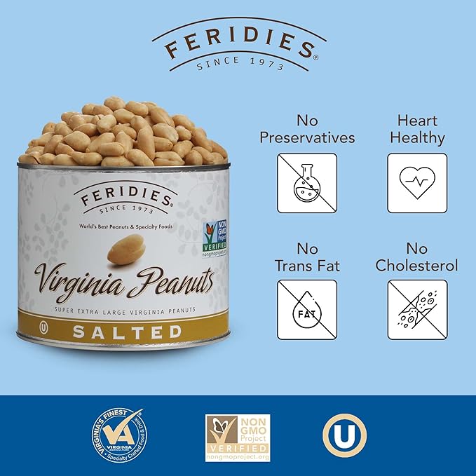 FERIDIES Extra Large Gourmet Virginia Salted Peanuts Cooked in Pure Peanut Oil No Preservatives Non-Gmo Kosher Certified - 36 Oz Tin