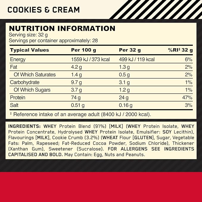 Optimum Nutrition Gold Standard 100% Whey Protein Powder Cookies &amp Cream 2 Pound (Packaging May Vary)