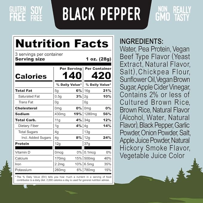 TrlBlazer Plant Powered Vegan Jerky – High Protein All Natural Vegan Meat Snack – 12g Plant-Based Protein – Soy-Free Gluten Free Non-GMO – 3 Pack – 3 oz Bags (9 Ounce Black Pepper)