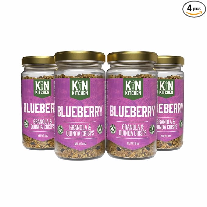 Kin Kitchen non-GMO Granola &amp Organic Quinoa Crisps in a Glass Jar Recyclable and Resusable. Made with Real Fruit. No Aritificial Colors Flavors or Perservatives. Made in USA with Globally Sour