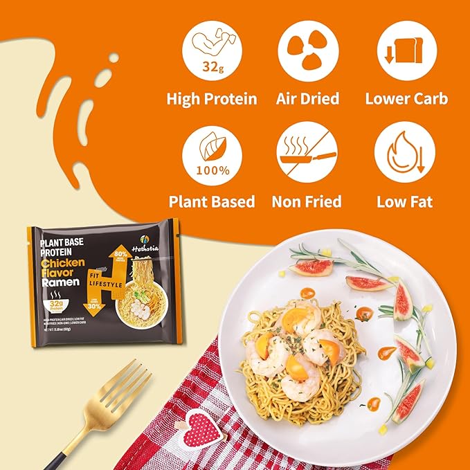 Hethstia High Protein Ramen Soup– 6 Pack Instant Ramen Chicken Flavor Plant-Based Protein (32g) Vegan Vegetarian Non-GMO Low Fat Air-Dried Non-Fried Egg-Free Dairy-Free Quick Meal