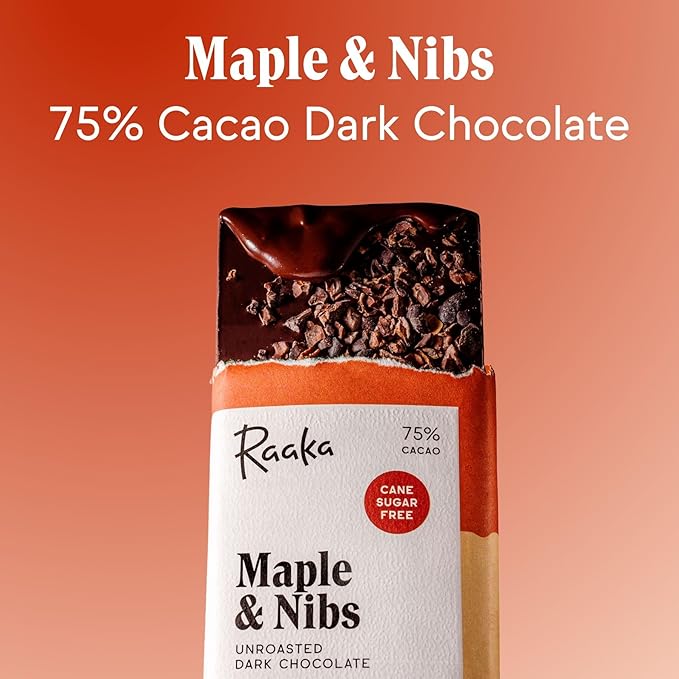 Raaka Chocolate Maple &amp Nibs 75% Cacao Dark Chocolate | Gourmet Dark Chocolate Gift | Organic Paleo Vegan Fair Trade Soy Free Non GMO Gluten Free Kosher | 1.8oz Bars 3-Pack