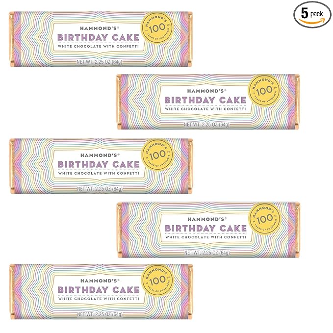 Hammond's Candies Gourmet Chocolate Candy Bars – Birthday Cake | Sweet White Chocolate with Sprinkles Confetti Birthday Cake Candy Bar Certified Kosher Handcrafted in the USA | Pack of 5