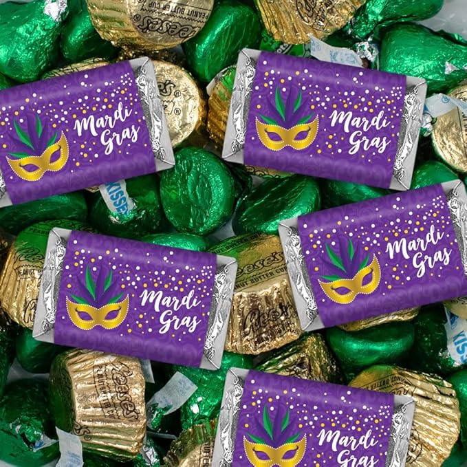 110 ct Mardi Gras Chocolate Candy Assortment - Wrapped Miniatures Green Kisses &amp Gold Mini Peanut Butter Cups (1.62lb Bag)