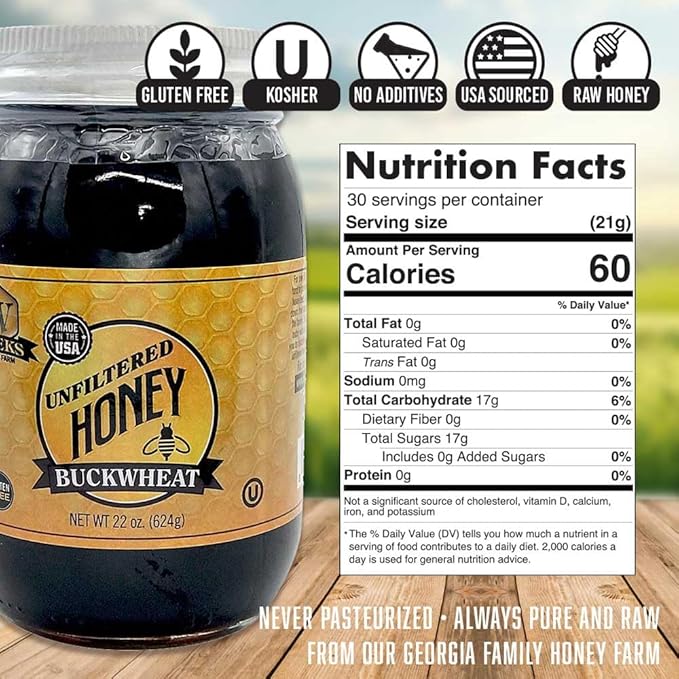 Pure Raw Unfiltered Buckwheat Honey 22 oz Glass Jar - Premium Dark American Buckwheat Honey by Weeks Honey Farm | Bold Molasses Flavor