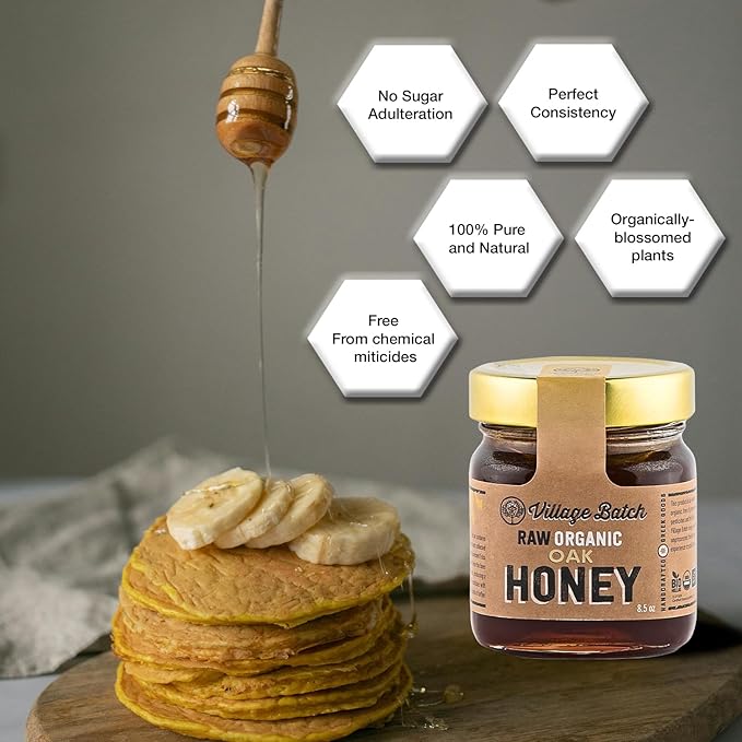 Village Batch Raw Organic Oak Honey 8.5oz Jar (Pack of 1) from Foloi Oak Forest Dark Amber Rich Caramel and Toffee Notes Unfiltered and Unpasteurized Greek-Honey