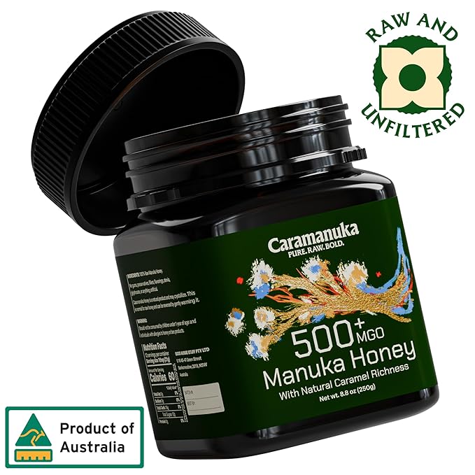 Caramanuka Manuka Honey MGO 500 – 100% Raw &amp Unfiltered Australian Honey Independently Lab-Tested for MGO &amp Glyphosate Bold Caramel Flavor 8.8 oz (250g)