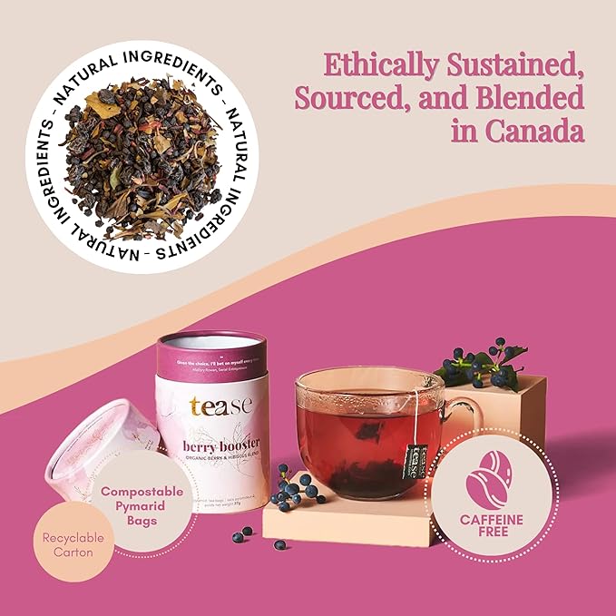 Tease Tea Organic Hibiscus Berry Booster – Elderberry Herbal Tea Caffeine-Free with Hibiscus Currant &amp Natural Flavors Supporting Daily Wellness and Vitality