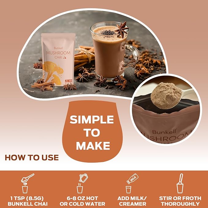 Bunkell Mushroom Chai Adaptogenic 6 Mushrooms with Lion's Mane Reishi Cordyceps Shiitake King Trumpet &amp Turkey Tail Chai Powder for Energy Focus Digestion &amp Immune Support 20 Servings