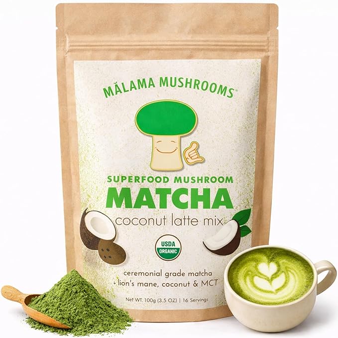Malama Ceremonial Grade Matcha Coconut Latte Powder – Premium Japanese Matcha Green Tea Powder with Organic Lion’s Mane – Organic Gluten-Free Vegan &amp Unsweetened (3.5 oz) for Energy &amp Focus