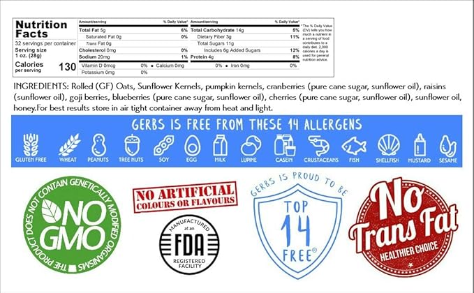 Gerbs Super 5 Fruit Granola 2 LBS - Top 14 Food Allergy Free &amp Non GMO - Unsulfured &amp Keto Safe - Cranberry Blueberry Goji Berry Cherry Raisin