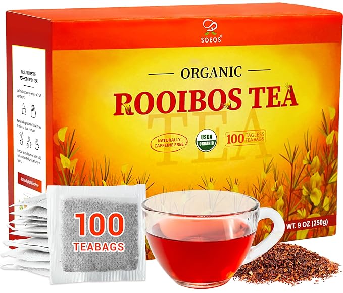 Soeos Organic Rooibos Tea 100 Teabags Naturally Caffeine Free USDA and Non GMO Certify Smooth and Robust Flavor Excellent for Hot or Iced Brew 9oz (250g)