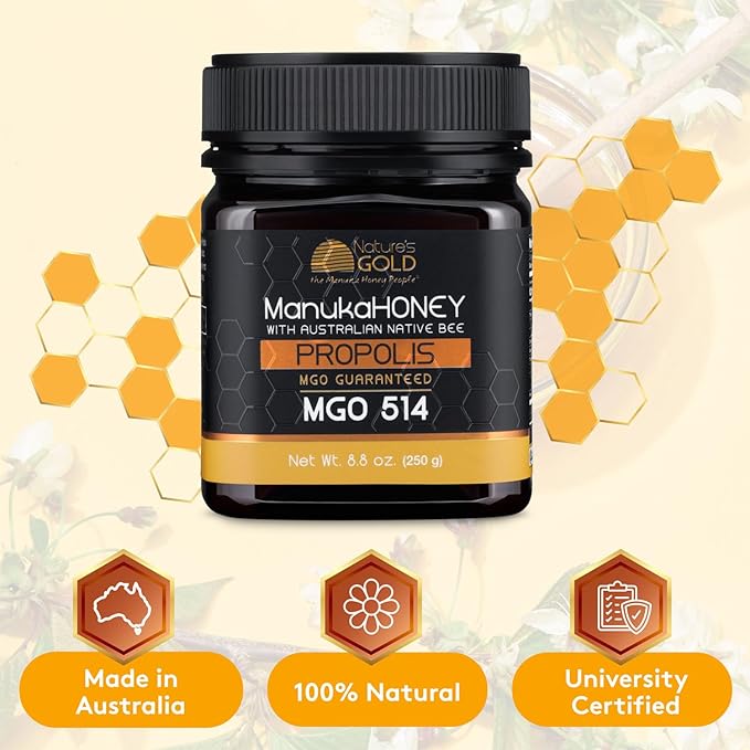 Nature’s Gold Raw Manuka Honey with Australian Native Bee Propolis MGO 514+ | 8.8oz (250g) 100% Pure Genuine Traceable Hive to Home