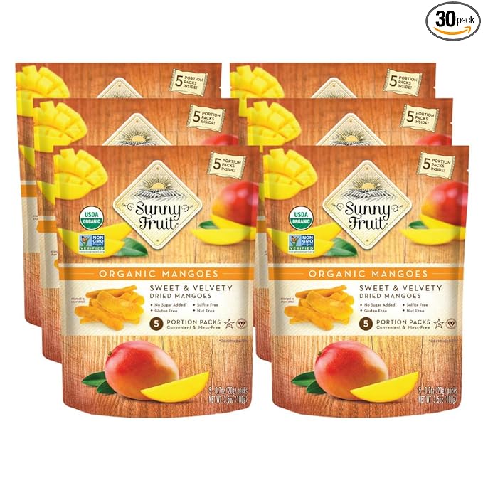 Sunny Fruit Soft Organic Dried Mangoes - 6 Bags (30 Individual Portion Packs) | No Preservatives Sulfides or Sugar Added | Healthy Convenient Dried Fruit Snack Packs | NON-GMO VEGAN HALAL KOSHER