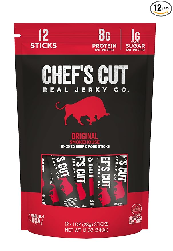 Chef’s Cut Real Snack Sticks | High Protein Meat Snack 8g Protein &amp 90 Calories Gluten Free Keto-Friendly Premium Smoked Beef &amp Pork Blend | Original Smokehouse | 1 oz Stick (12-Count Bag)