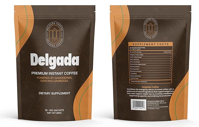 Delgada Instant Coffee - Premium Ganoderma Rich Bold Taste - Healthy Mushroom Insant Coffee 25 Sachets