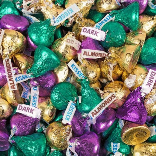 85ct Mardi Gras Stickered Chocolate Kisses in Purple Green &amp Gold Foils Festive Wrapped Chocolates for Party Favors Candy Buffets Parades &amp Celebrations
