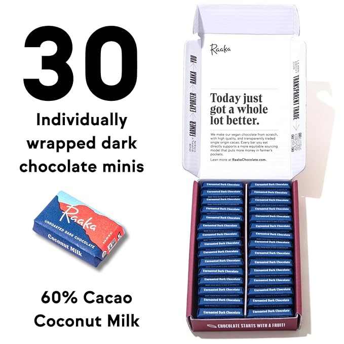 Raaka Coconut Milk Chocolate Gift Box | 60% Cacao Vegan Milk Chocolate | Organic Vegan Gluten Free | Box of 30 Individually Wrapped Chocolates