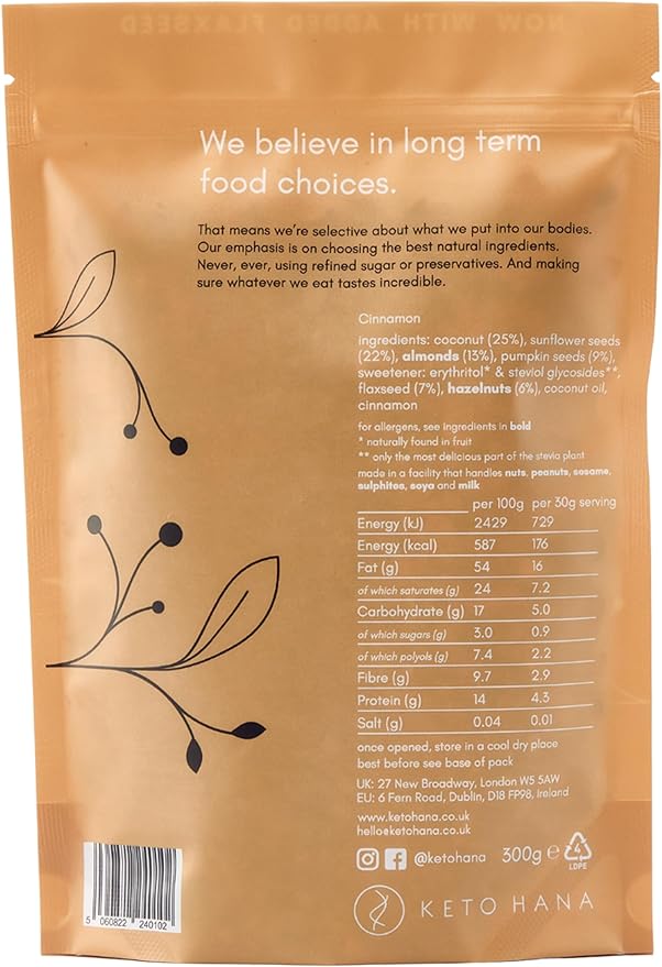 Keto Hana Cinnamon Keto Granola Breakfast Cereal with just 1.2g Net Carbs (300g) Low Carb High Protein Snack
