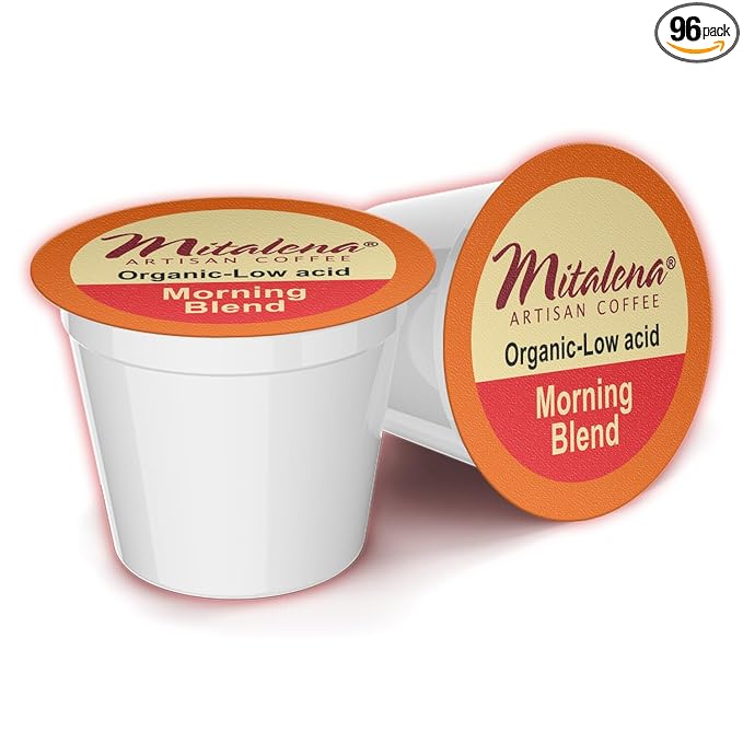 Mitalena Morning Blend Low Acid Coffee Pods - Medium Roast Organic compatible with Keurig - Enjoy Small Batch Artisan Coffee Avoid Heartburn and Acid Reflux - 96 cups