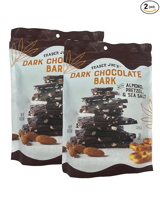 Trader Joe Dark Chocolate Bark with Almonds Pretzel &amp Sea Salt 10oz 284g (Two Bags)