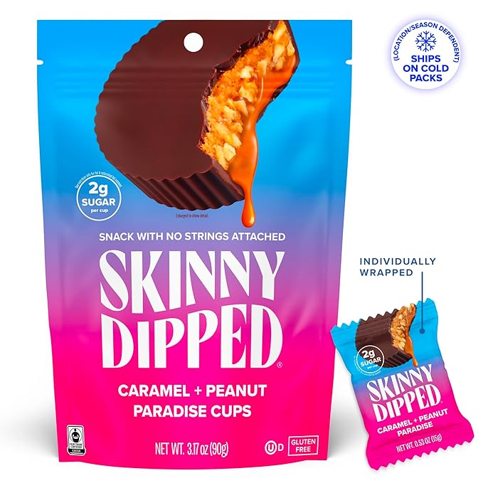 SkinnyDipped Caramel Peanut Paradise Cups 2g Sugar per Cup Gluten Free Low Carb Snack 3.2oz Resealable Bags 6 Count (Pack of 4)